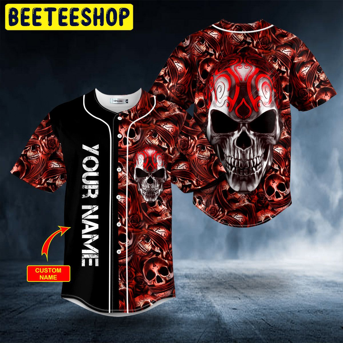 Red Metal Tribal Skull Custom Trending Baseball Jersey Red Metal Tribal Skull Custom Trending Baseball Jersey