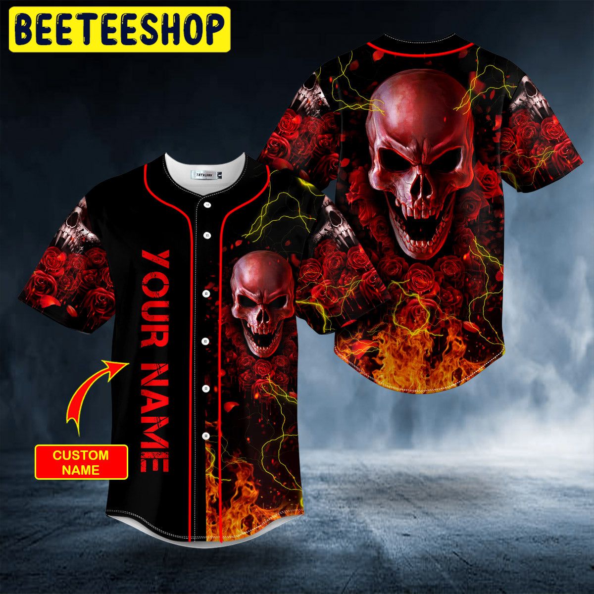 Red Rose Blood Lightning Fire Skull Custom Trending Baseball Jersey Red Rose Blood Lightning Fire Skull Custom Trending Baseball Jersey