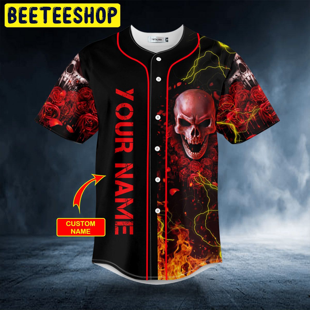 Red Rose Blood Lightning Fire Skull Custom Trending Baseball Jersey Red Rose Blood Lightning Fire Skull Custom Trending Baseball Jersey
