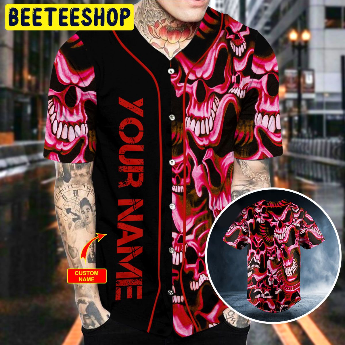 Red Smile Pattern Skull Custom Trending Baseball Jersey Red Smile Pattern Skull Custom Trending Baseball Jersey