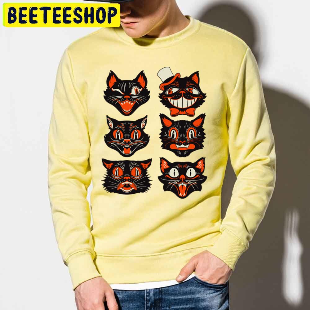 Retro Vintage Halloween Black Cat Face Collection Trending Unisex Sweatshirt Retro Vintage Halloween Black Cat Face Collection Trending Unisex Sweatshirt