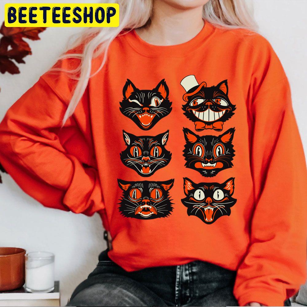 Retro Vintage Halloween Black Cat Face Collection Trending Unisex Sweatshirt Retro Vintage Halloween Black Cat Face Collection Trending Unisex Sweatshirt