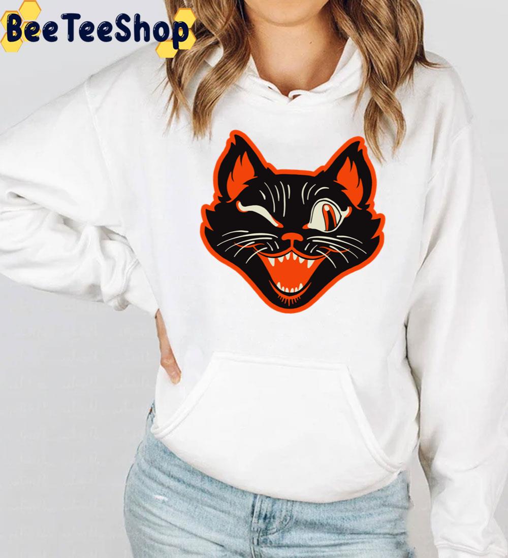 Retro Vintage Halloween Black Cat Winking Face Hoodie Trending Unisex Sweatshirt Retro Vintage Halloween Black Cat Winking Face Hoodie Trending Unisex Sweatshirt