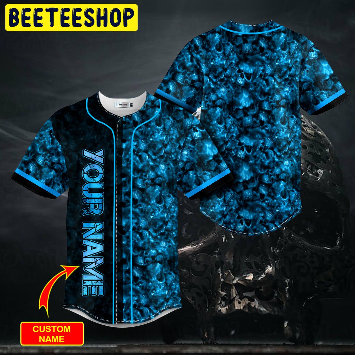 Seamless Pattern Blue Ghost Skull Custom Trending Baseball Jersey Seamless Pattern Blue Ghost Skull Custom Trending Baseball Jersey