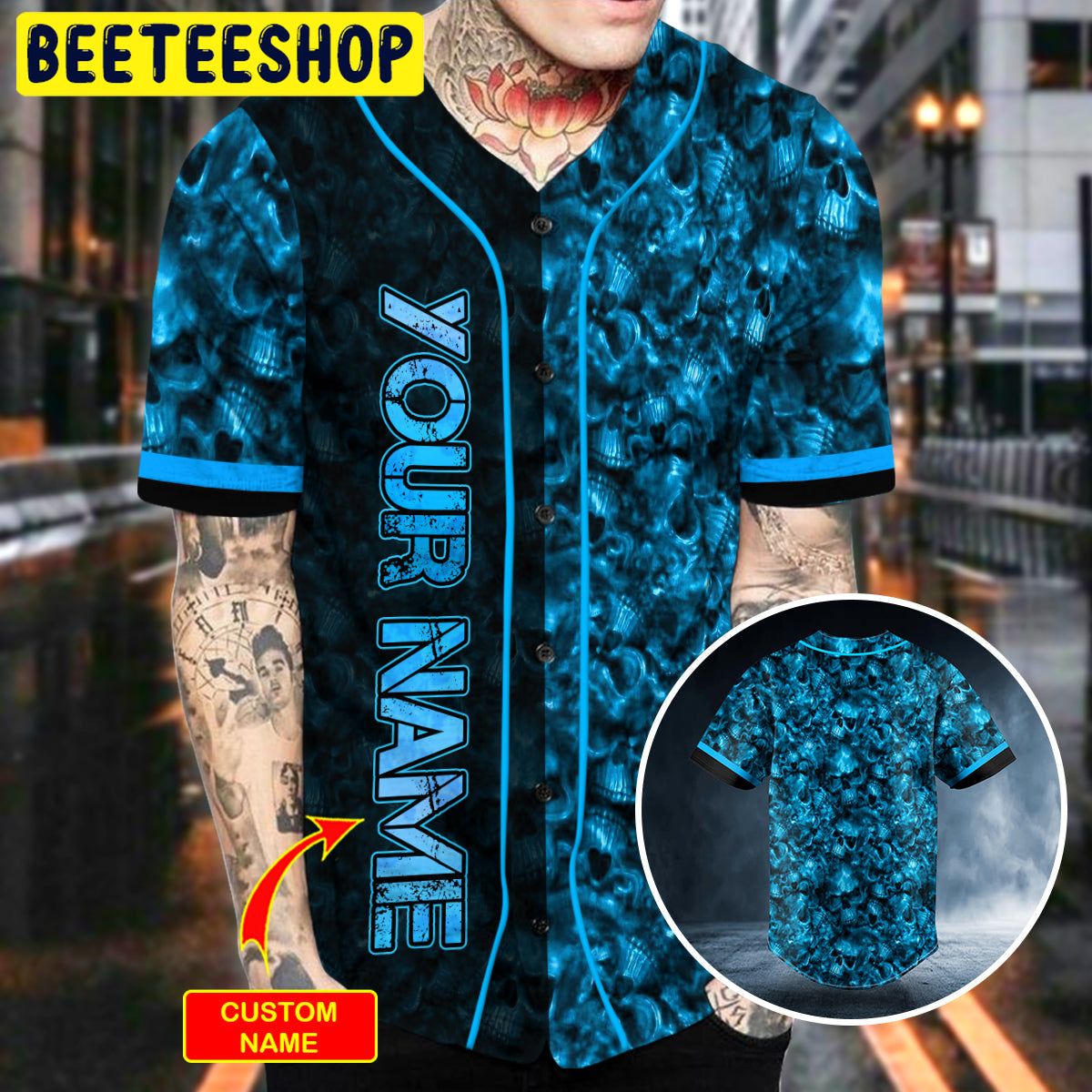 Seamless Pattern Blue Ghost Skull Custom Trending Baseball Jersey Seamless Pattern Blue Ghost Skull Custom Trending Baseball Jersey