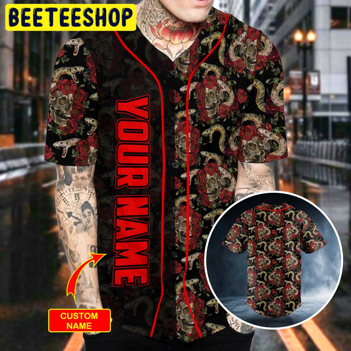 Seamless Pattern Snake N Roses Sugar Skull Custom Trending Baseball Jersey Seamless Pattern Snake N Roses Sugar Skull Custom Trending Baseball Jersey