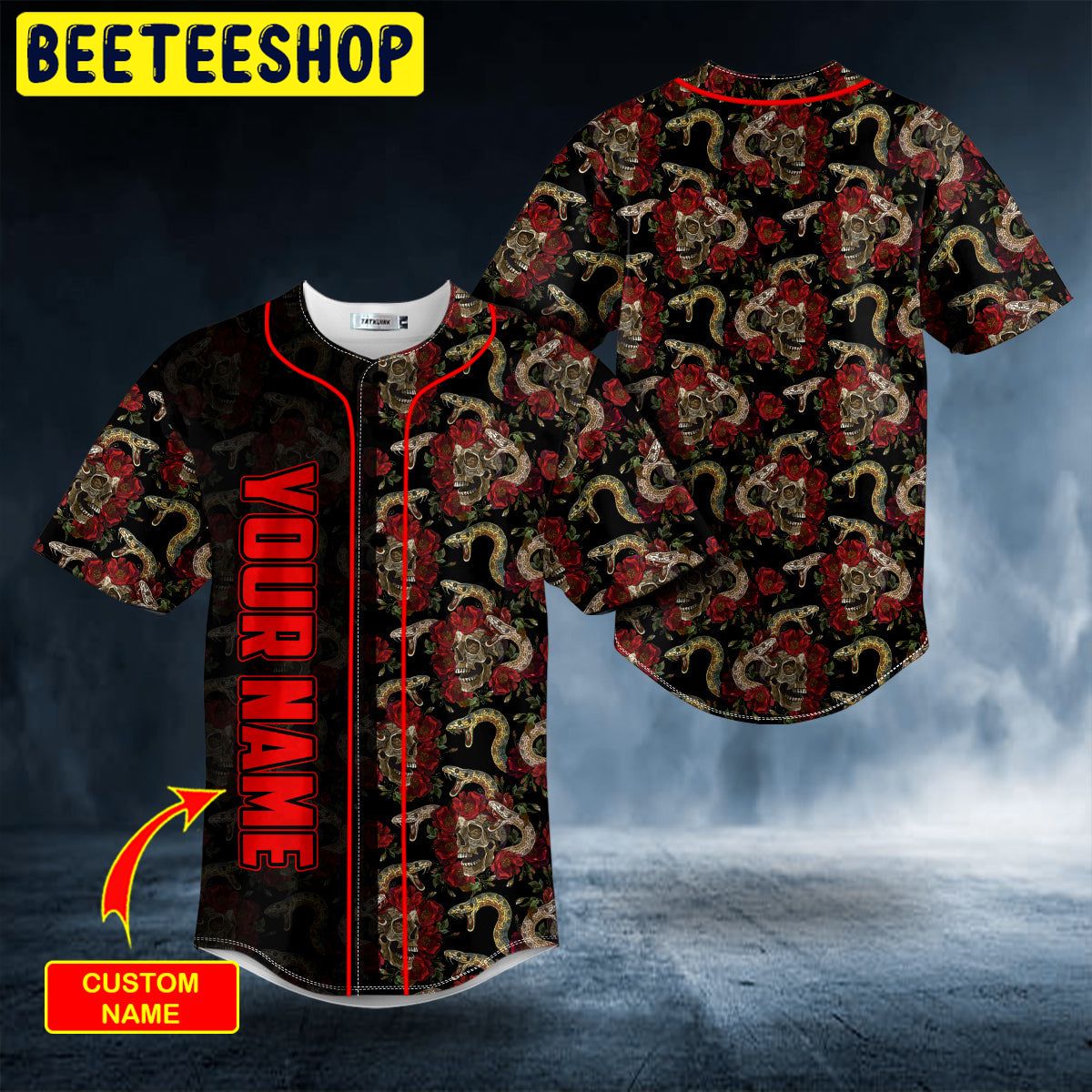 Seamless Pattern Snake N Roses Sugar Skull Custom Trending Baseball Jersey Seamless Pattern Snake N Roses Sugar Skull Custom Trending Baseball Jersey