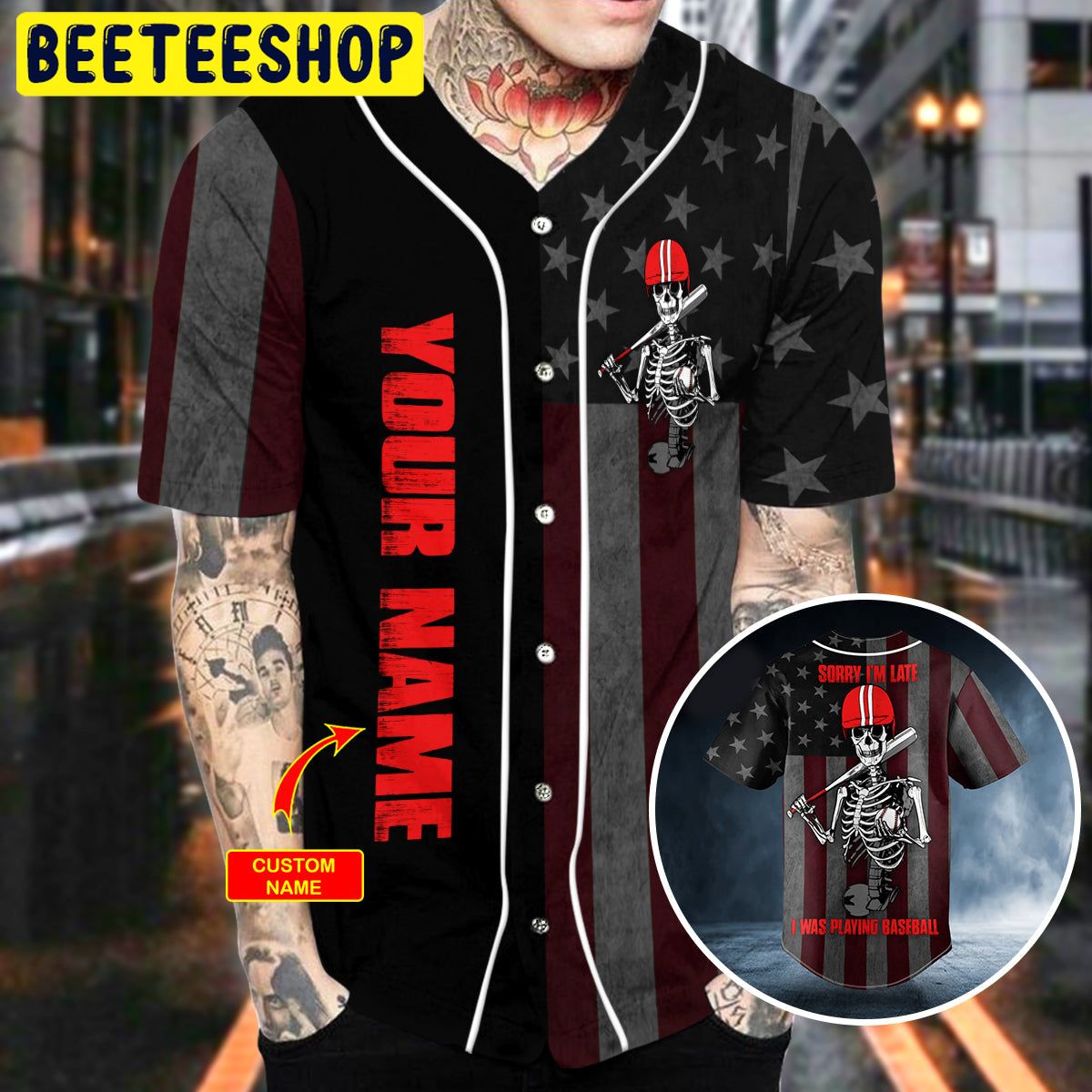 Sorry I'm Late USA Flag Baseball Skull Custom Trending Baseball Jersey Sorry I'm Late USA Flag Baseball Skull Custom Trending Baseball Jersey