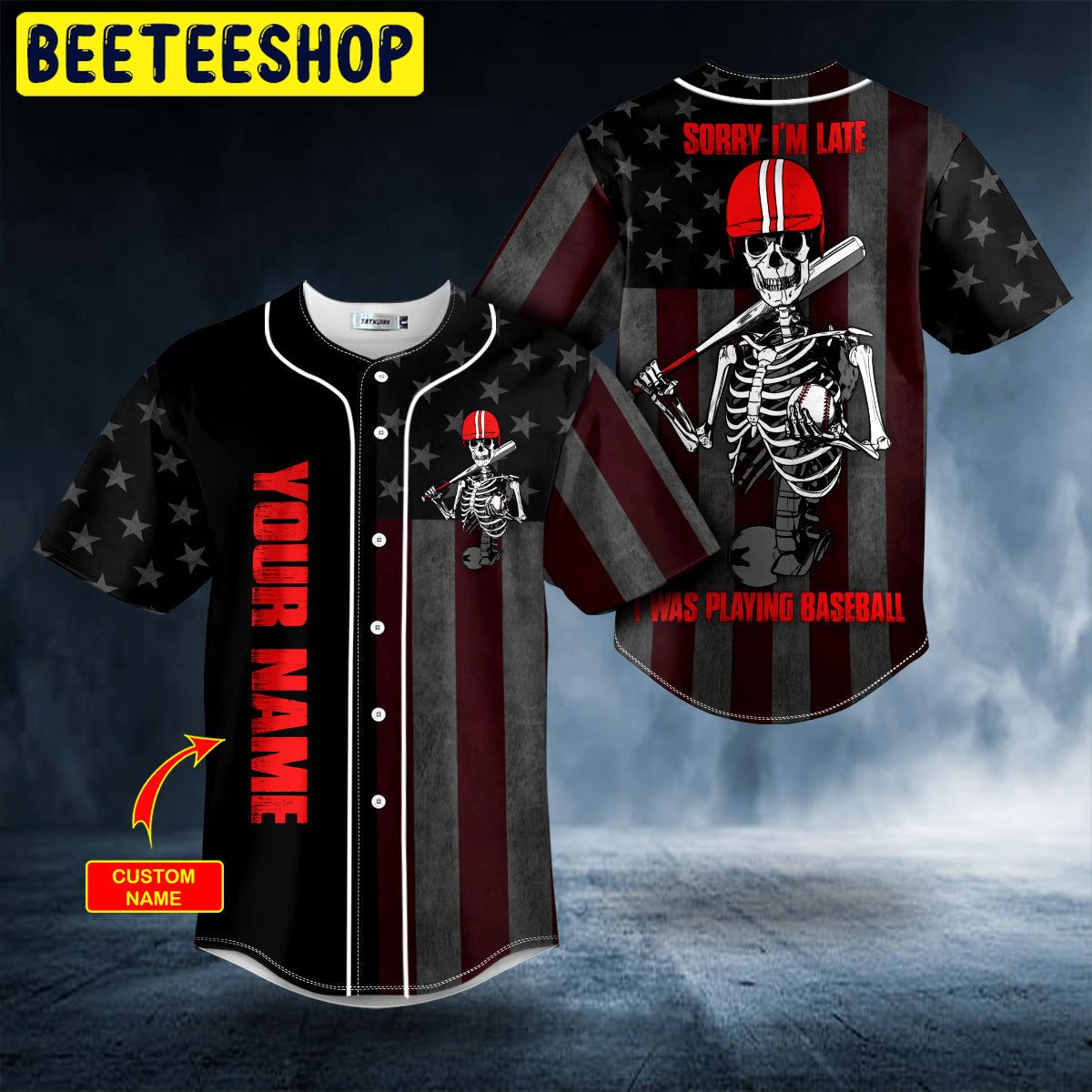 Sorry I'm Late USA Flag Baseball Skull Custom Trending Baseball Jersey Sorry I'm Late USA Flag Baseball Skull Custom Trending Baseball Jersey