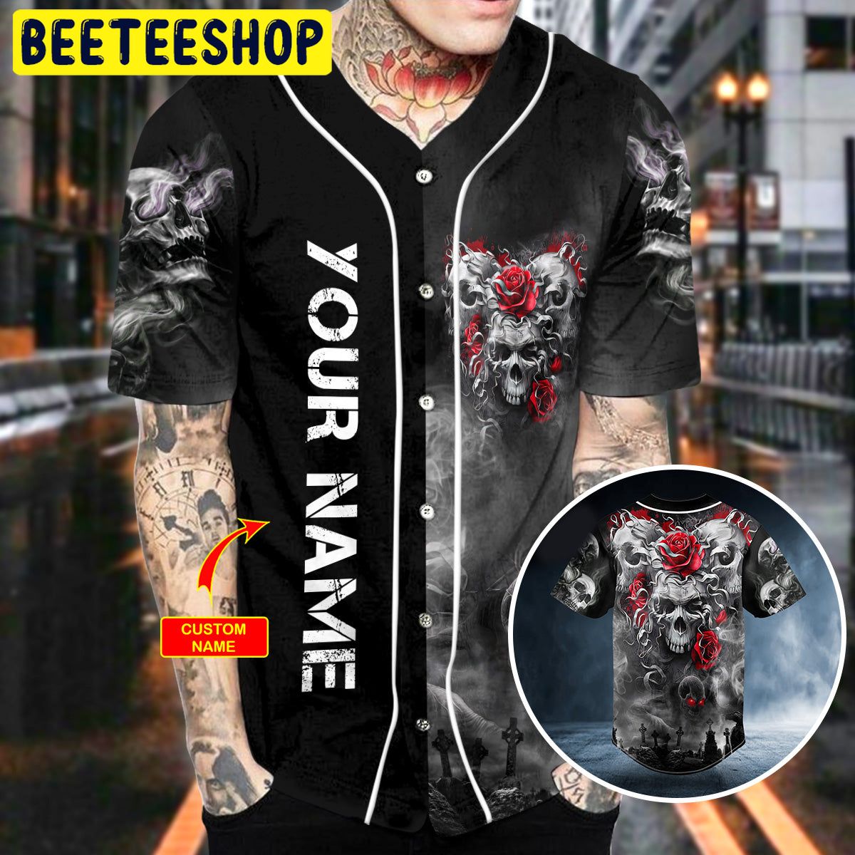 Three Skull With Rose Custom Trending Baseball Jersey Three Skull With Rose Custom Trending Baseball Jersey