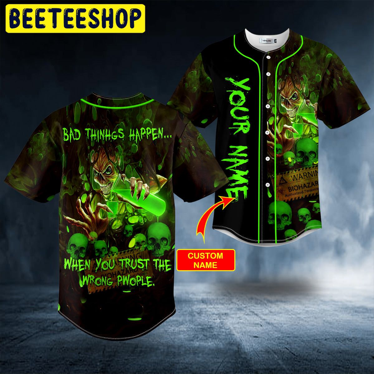 Trust Wrong People Green Biohazard Monster Skull Custom Trending Baseball Jersey Trust Wrong People Green Biohazard Monster Skull Custom Trending Baseball Jersey