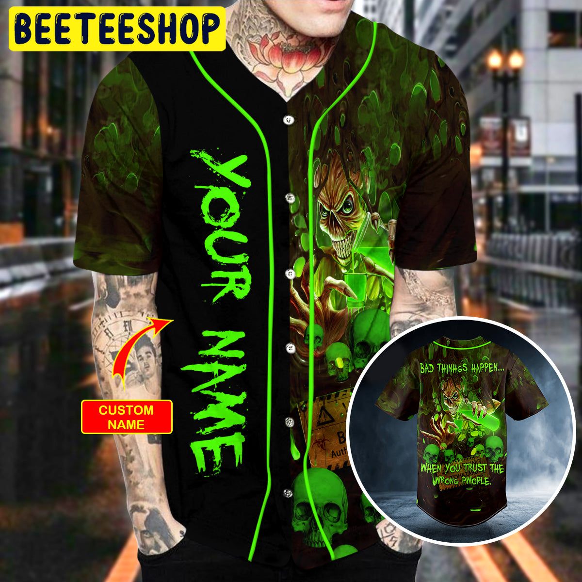 Trust Wrong People Green Biohazard Monster Skull Custom Trending Baseball Jersey Trust Wrong People Green Biohazard Monster Skull Custom Trending Baseball Jersey
