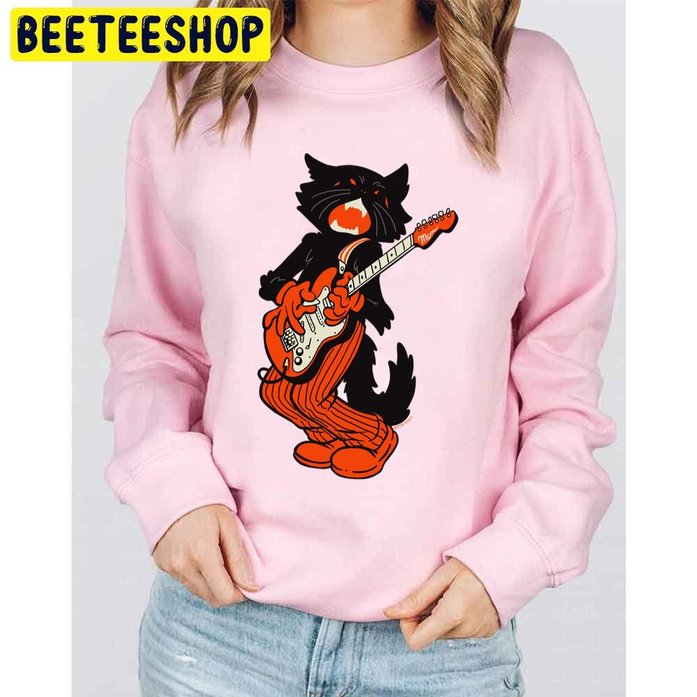 Vintage Halloween Black Cat Playing Electric Guitar Trending Unisex Sweatshirt Vintage Halloween Black Cat Playing Electric Guitar Trending Unisex Sweatshirt