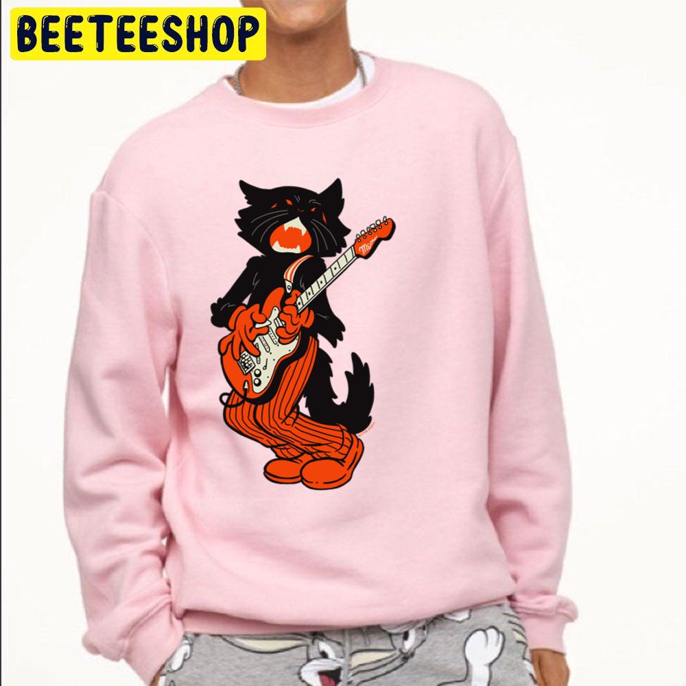 Vintage Halloween Black Cat Playing Electric Guitar Trending Unisex Sweatshirt Vintage Halloween Black Cat Playing Electric Guitar Trending Unisex Sweatshirt
