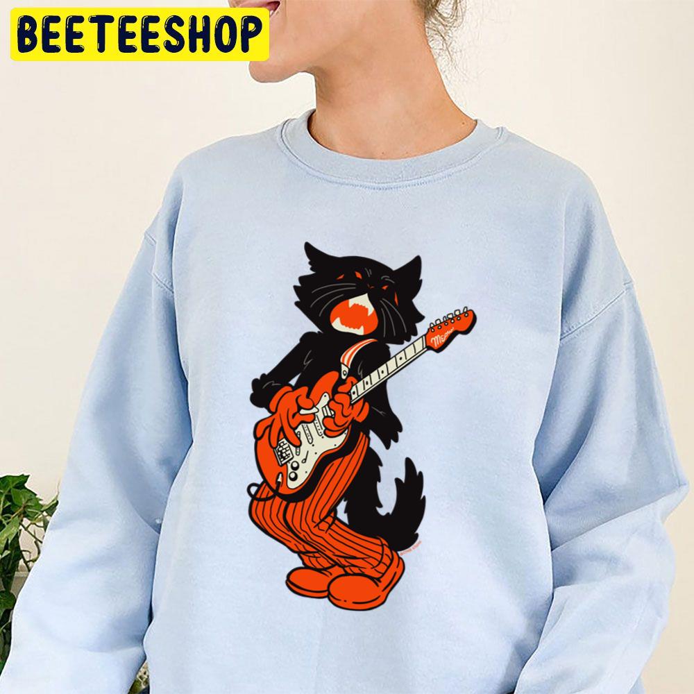 Vintage Halloween Black Cat Playing Electric Guitar Trending Unisex Sweatshirt Vintage Halloween Black Cat Playing Electric Guitar Trending Unisex Sweatshirt