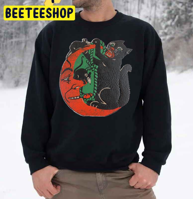 Vintage Halloween Cat Moon Mice Cut Out Graphic Trending Unisex Sweatshirt Vintage Halloween Cat Moon Mice Cut Out Graphic Trending Unisex Sweatshirt