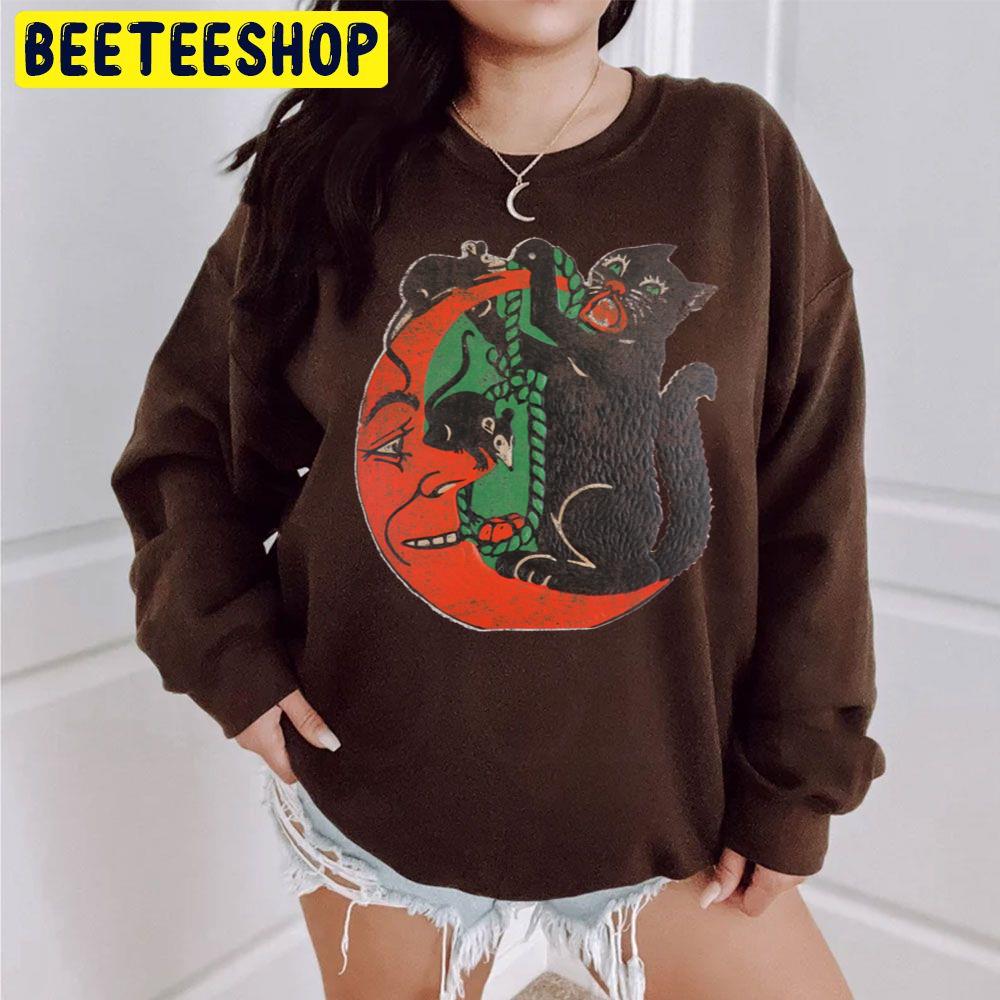 Vintage Halloween Cat Moon Mice Cut Out Graphic Trending Unisex Sweatshirt Vintage Halloween Cat Moon Mice Cut Out Graphic Trending Unisex Sweatshirt