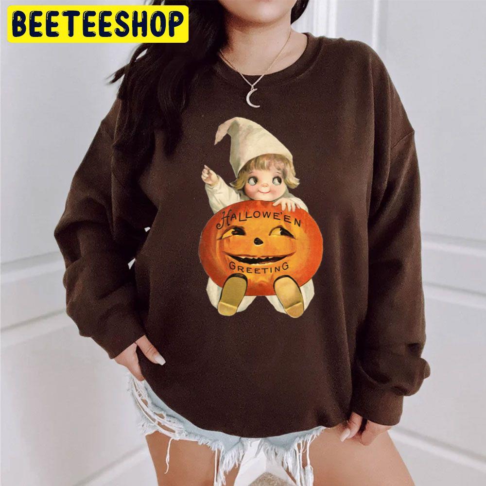 Vintage Halloween Greeting Card Cute Kawaii With Pumpkin Trending Unisex Sweatshirt Vintage Halloween Greeting Card Cute Kawaii With Pumpkin Trending Unisex Sweatshirt