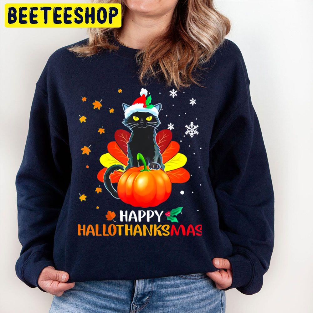 Black Cat Halloween And Merry Christmas Happy Hallothanksmas Trending Unisex Sweatshirt Black Cat Halloween And Merry Christmas Happy Hallothanksmas Trending Unisex Sweatshirt