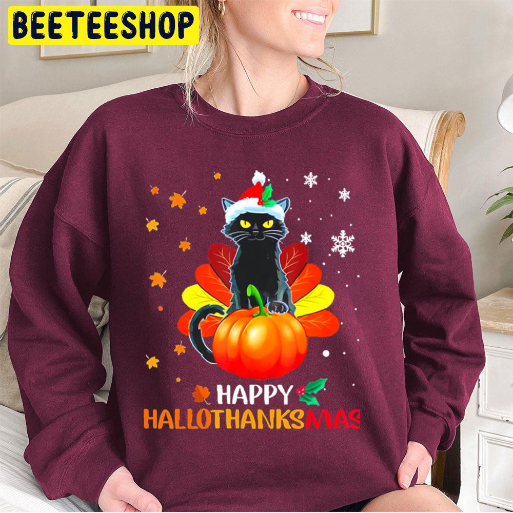 Black Cat Halloween And Merry Christmas Happy Hallothanksmas Trending Unisex Sweatshirt Black Cat Halloween And Merry Christmas Happy Hallothanksmas Trending Unisex Sweatshirt