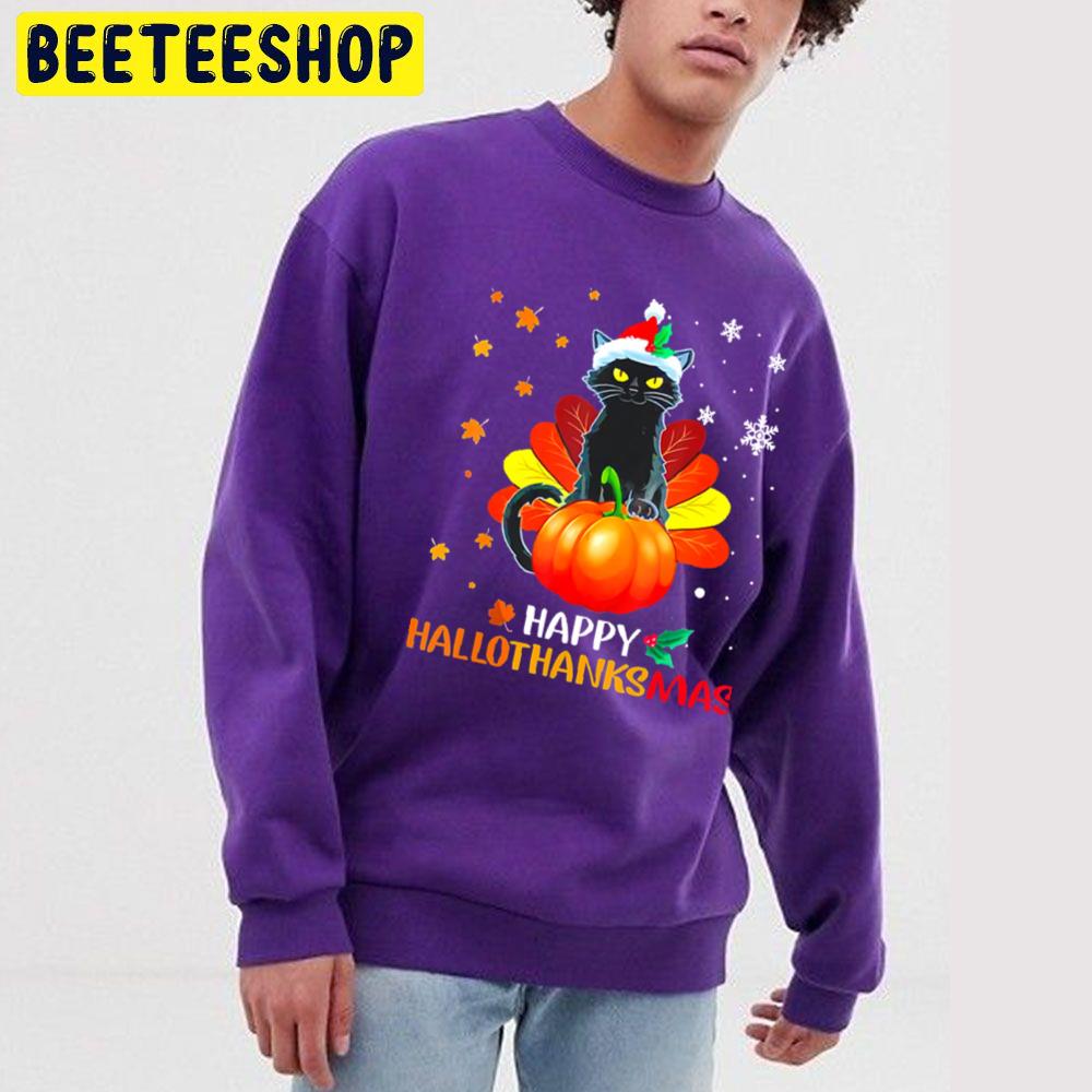 Black Cat Halloween And Merry Christmas Happy Hallothanksmas Trending Unisex Sweatshirt Black Cat Halloween And Merry Christmas Happy Hallothanksmas Trending Unisex Sweatshirt