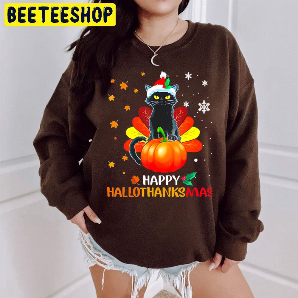 Black Cat Halloween And Merry Christmas Happy Hallothanksmas Trending Unisex Sweatshirt Black Cat Halloween And Merry Christmas Happy Hallothanksmas Trending Unisex Sweatshirt