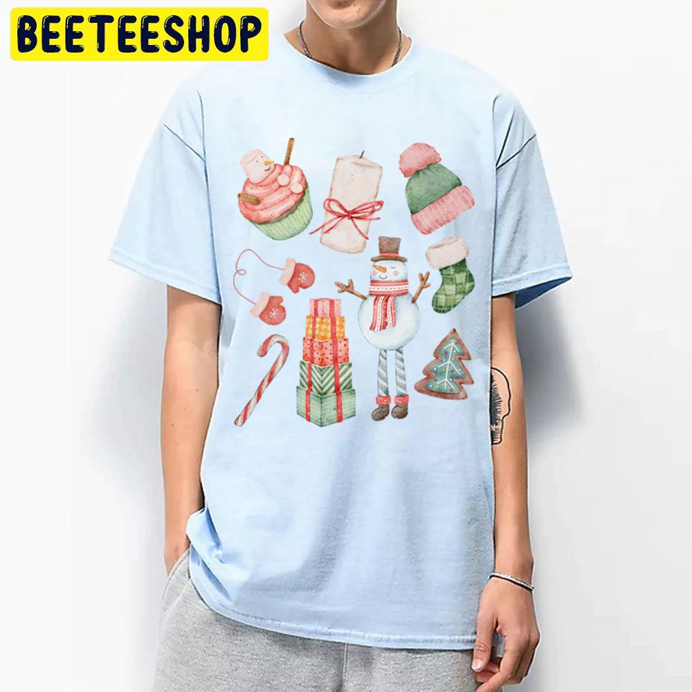 Christmas Snowman Gloves Candle Cookie Green Retro Vintage Pink Santa Claus Trending Unisex T Shirt Christmas Snowman Gloves Candle Cookie Green Retro Vintage Pink Santa Claus Trending Unisex T Shirt