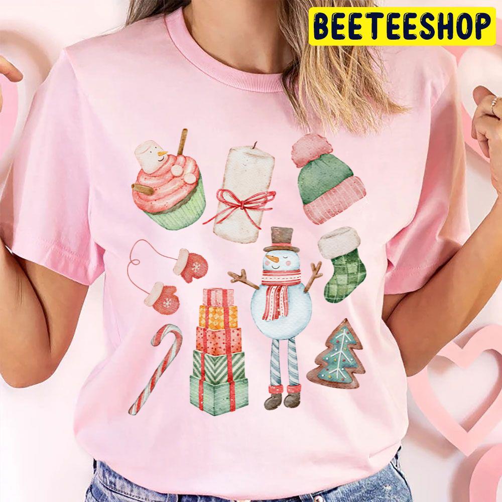 Christmas Snowman Gloves Candle Cookie Green Retro Vintage Pink Santa Claus Trending Unisex T Shirt Christmas Snowman Gloves Candle Cookie Green Retro Vintage Pink Santa Claus Trending Unisex T Shirt