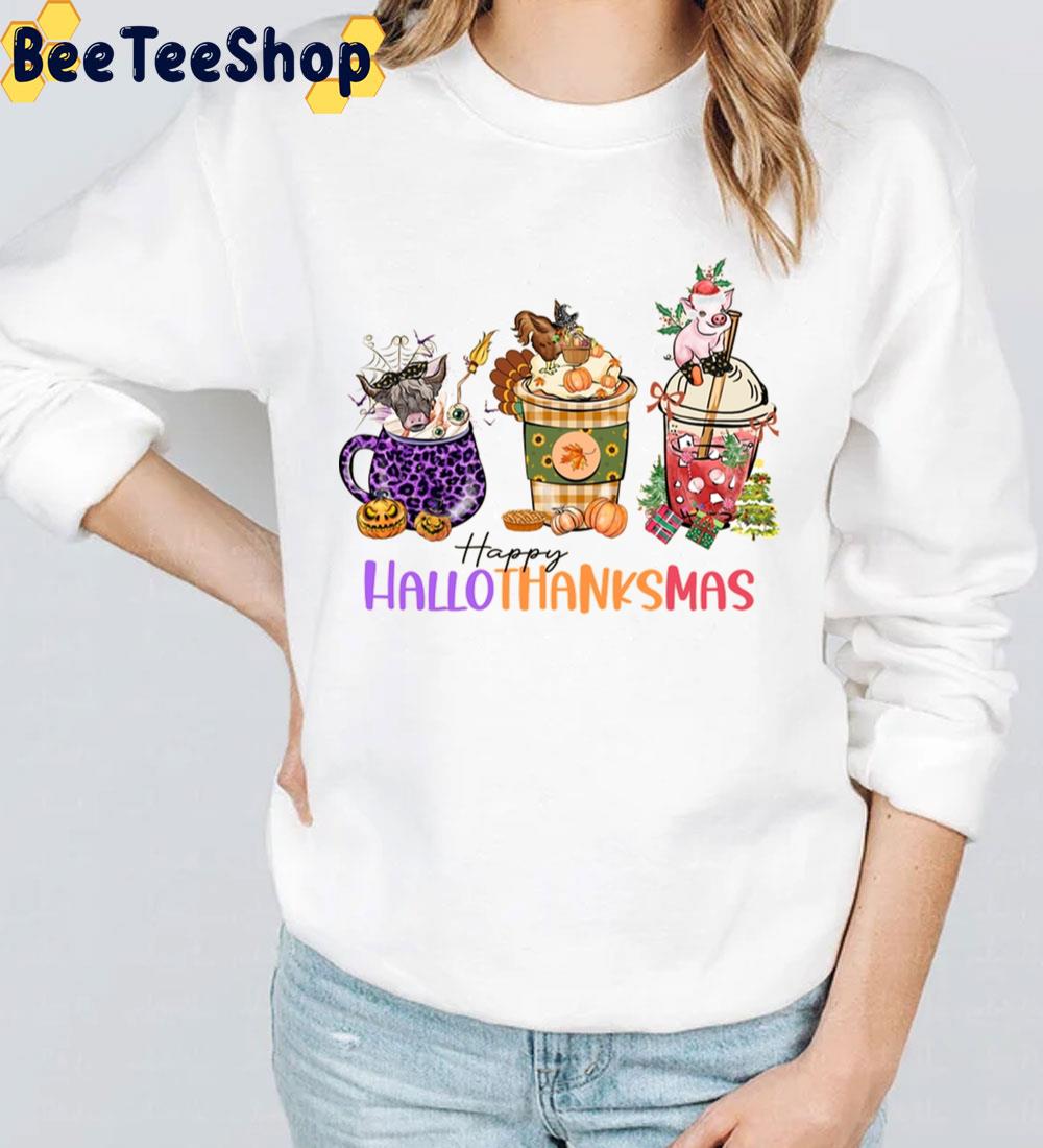 Happy Hallothanksmas Cow Chicken And Pig Coffee Cup Trending Unisex Sweatshirt Happy Hallothanksmas Cow Chicken And Pig Coffee Cup Trending Unisex Sweatshirt