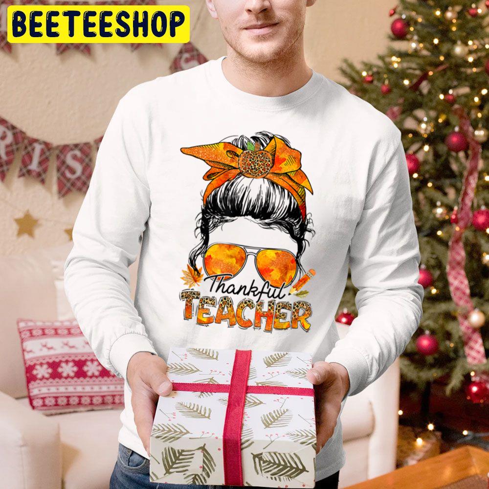 One Thankful Teacher Leopard Messy Bun Thanksgiving Autumn Trending Unisex Hoodie One Thankful Teacher Leopard Messy Bun Thanksgiving Autumn Trending Unisex Hoodie
