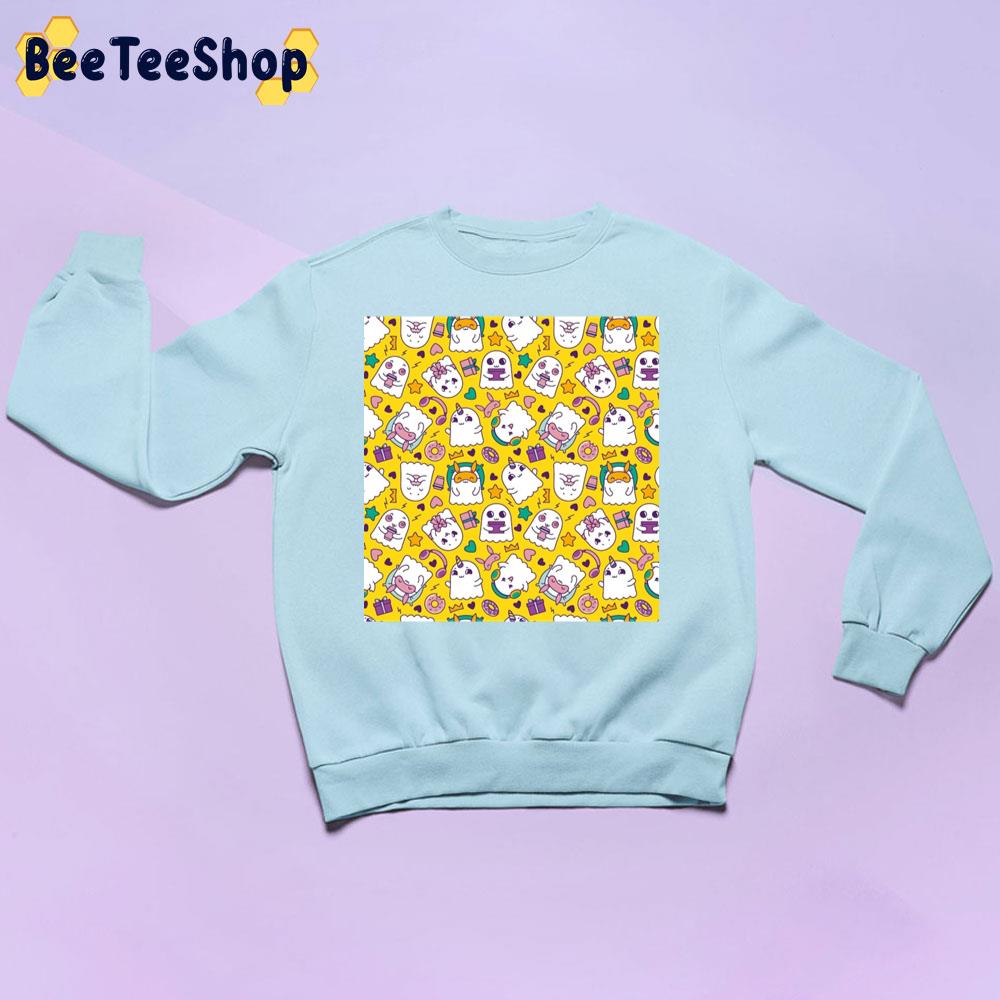 Seamless Pattern With Cute Ghosts In Cartoon Style On Yellow Background Trending Unisex Sweatshirt Seamless Pattern With Cute Ghosts In Cartoon Style On Yellow Background Trending Unisex Sweatshirt