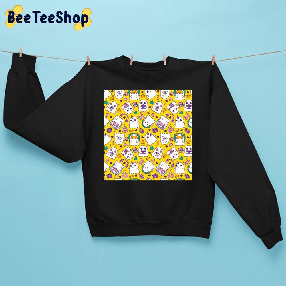 Seamless Pattern With Cute Ghosts In Cartoon Style On Yellow Background Trending Unisex Sweatshirt Seamless Pattern With Cute Ghosts In Cartoon Style On Yellow Background Trending Unisex Sweatshirt