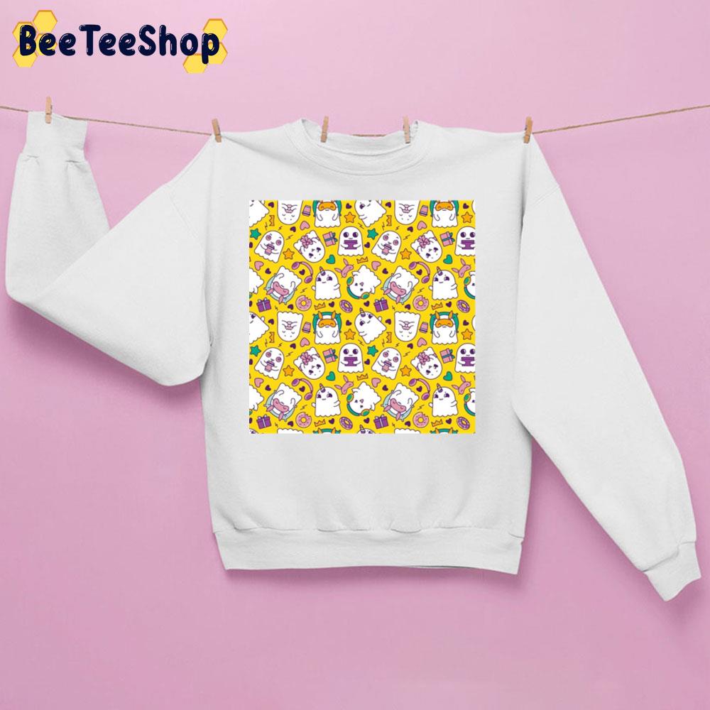 Seamless Pattern With Cute Ghosts In Cartoon Style On Yellow Background Trending Unisex Sweatshirt Seamless Pattern With Cute Ghosts In Cartoon Style On Yellow Background Trending Unisex Sweatshirt