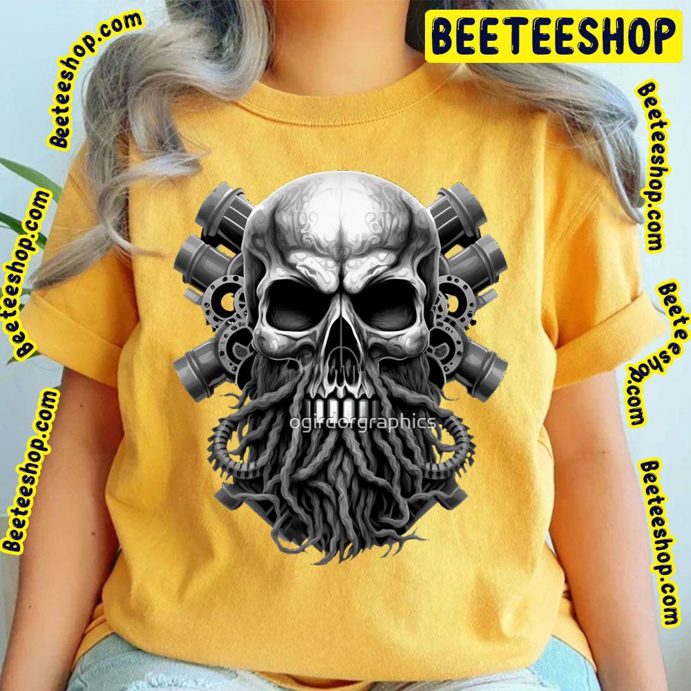 Black White Art Skull Beard Dark Mechanic Piston Car Motorcycle Trending Unisex T-Shirt Black White Art Skull Beard Dark Mechanic Piston Car Motorcycle Trending Unisex T-Shirt