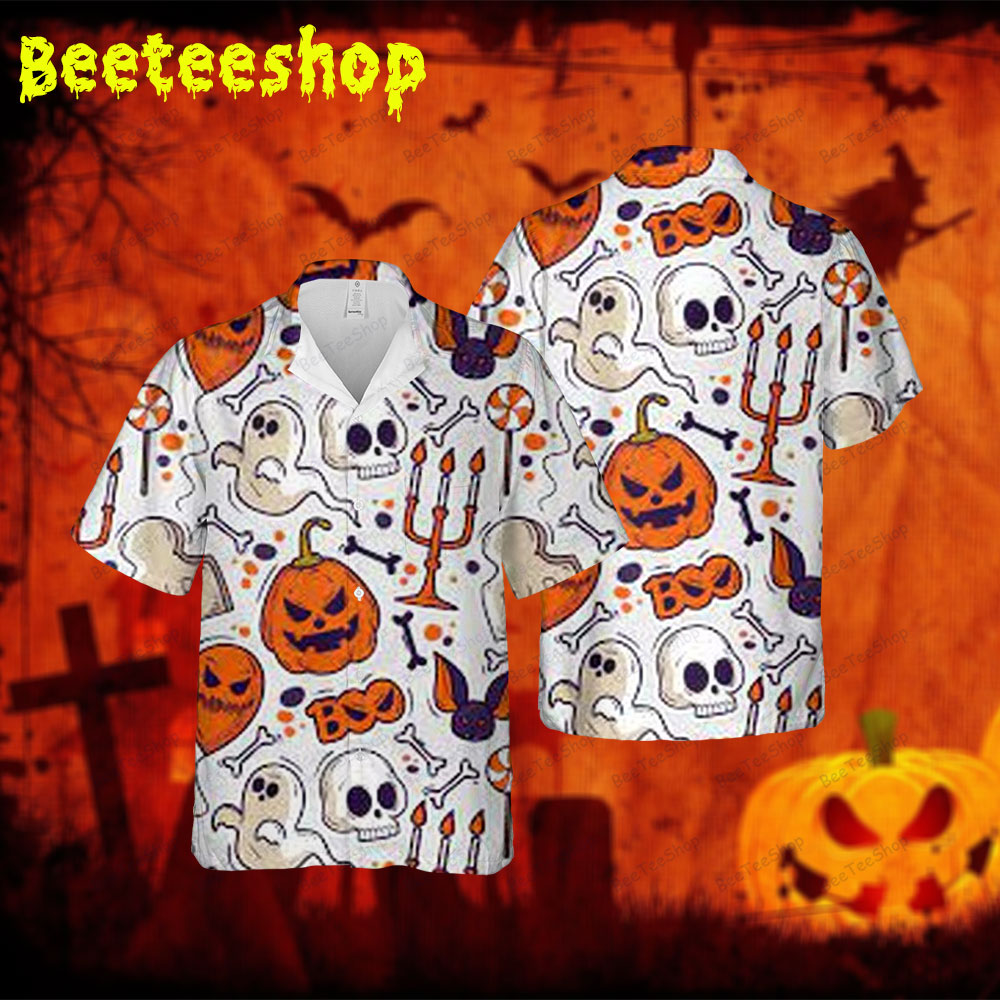 Candy Skulls Bats Boos Pumpkins Halloween Spread Collar Hawaii Shirt Candy Skulls Bats Boos Pumpkins Halloween Spread Collar Hawaii Shirt