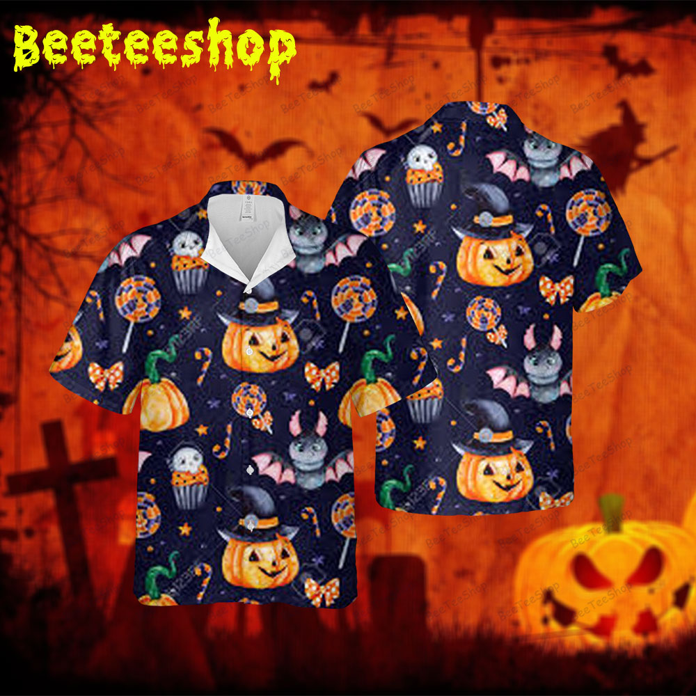 Candy Skulls Bats Pumpkins Halloween Spread Collar Hawaii Shirt Candy Skulls Bats Pumpkins Halloween Spread Collar Hawaii Shirt