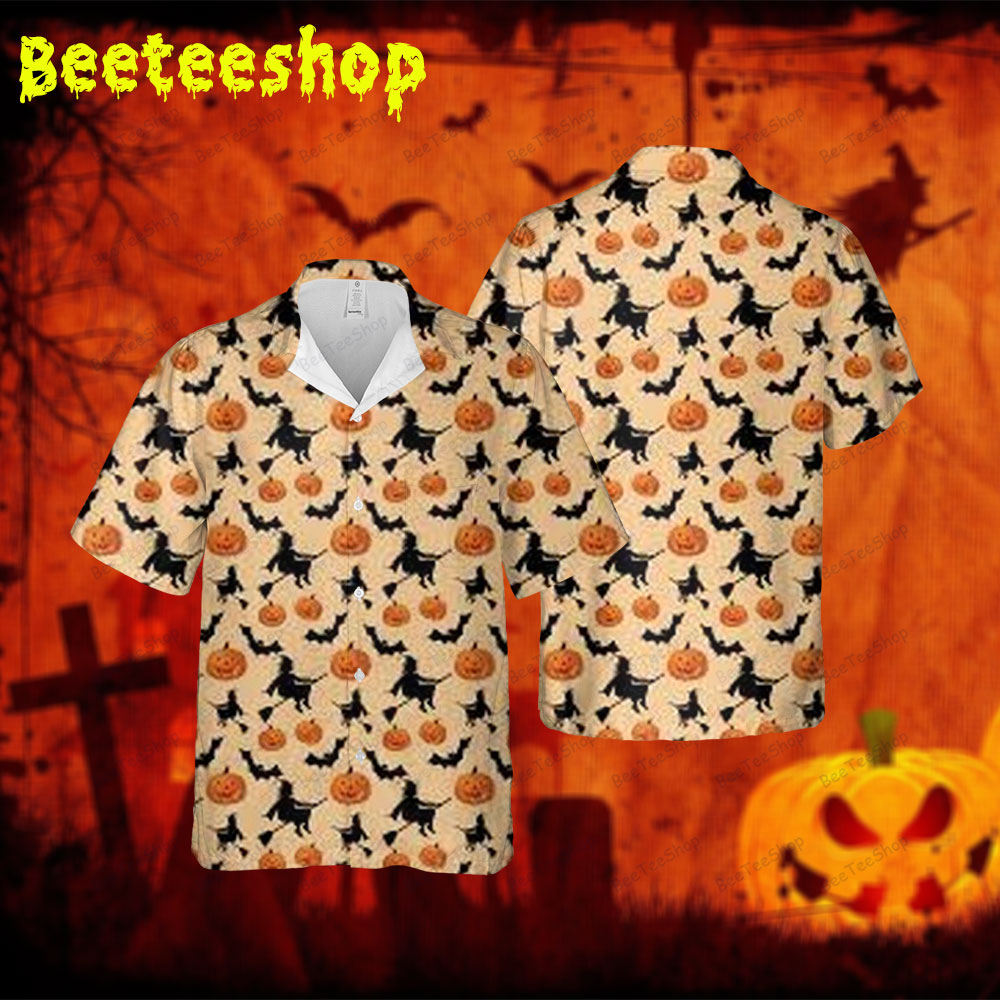 Witchs Bats Cats Pumpkins Halloween Spread Collar Hawaii Shirt Witchs Bats Cats Pumpkins Halloween Spread Collar Hawaii Shirt