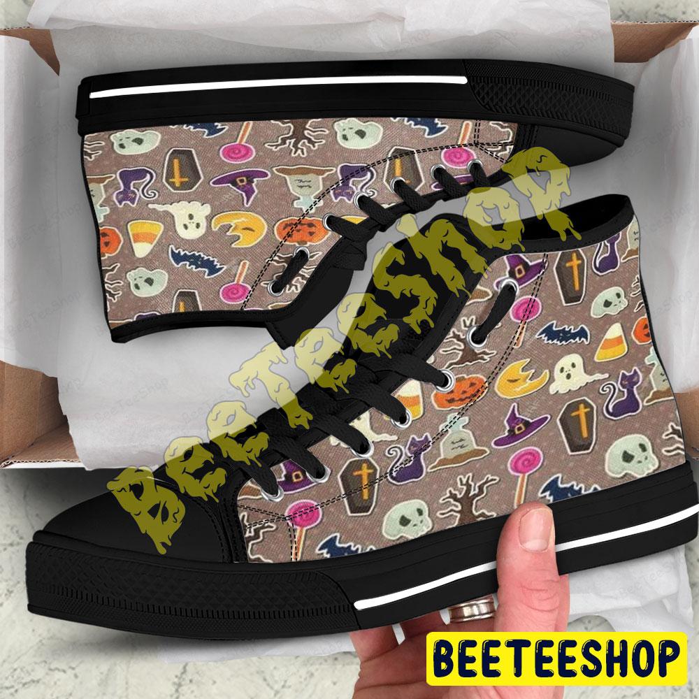 Candy Witch Hats Skulls Ghosts Pumpkins Halloween Pattern Beeteeshop Adults High Top Canvas Shoes Candy Witch Hats Skulls Ghosts Pumpkins Halloween Pattern Beeteeshop Adults High Top Canvas Shoes