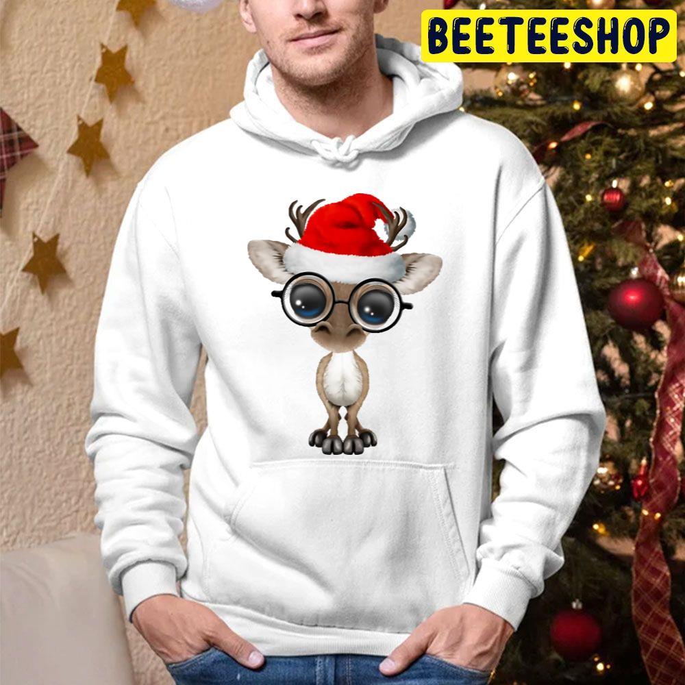 Baby Reindeer Wearing A Santa Hat And Glasses Christmas Beeteeshop Trending Unisex Hoodie Baby Reindeer Wearing A Santa Hat And Glasses Christmas Beeteeshop Trending Unisex Hoodie
