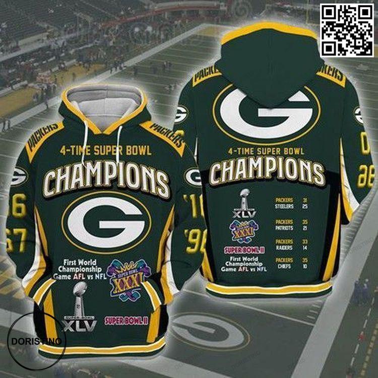 Sports Team Green Bay Packers Nfl 4 Time Super Bowl Champions 3D Hoodie Sports Team Green Bay Packers Nfl 4 Time Super Bowl Champions 3D Hoodie