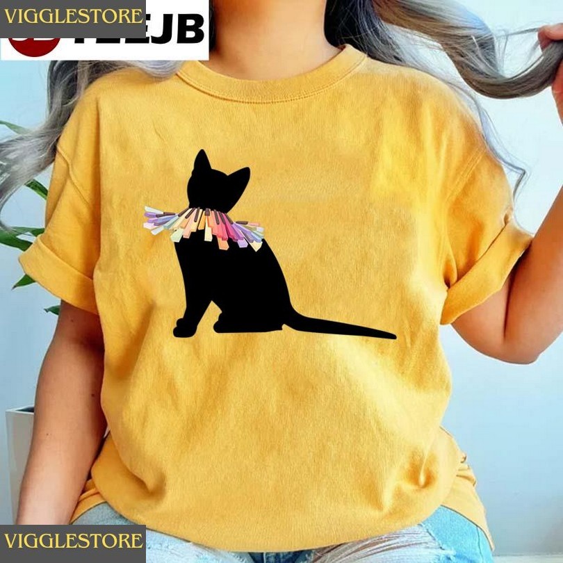 Black Cat With Rainbow Piano Keys Collar Unisex T-shirt